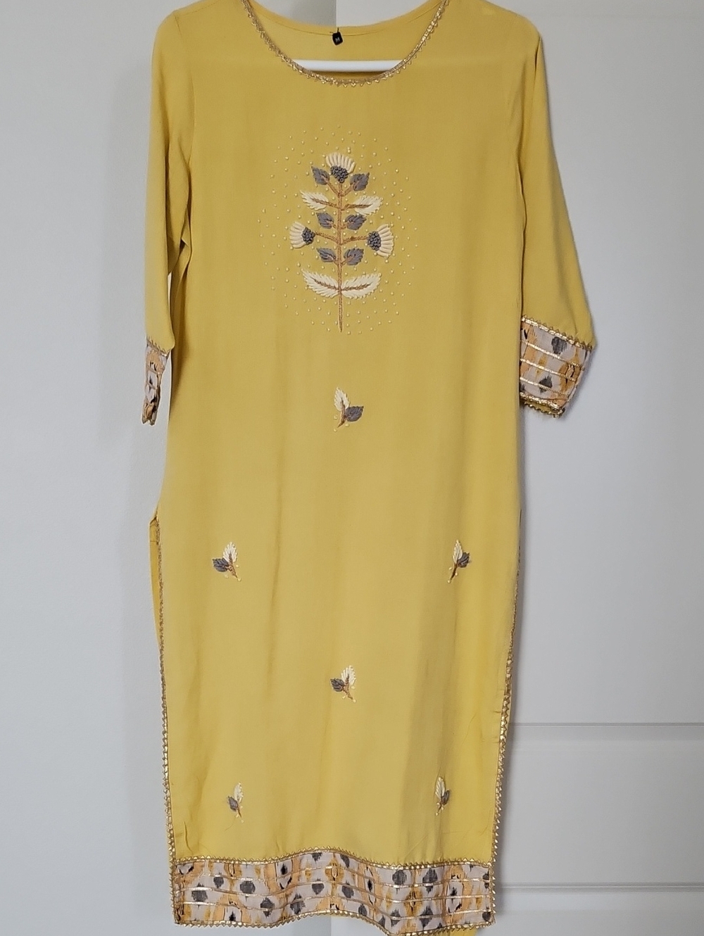 Kurta 3pc Set-Yellow Embroidered